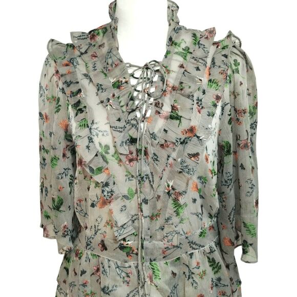 NWT Walter Baker Gray Floral Sheer Danielle Ruffle Blouse Butterflies Sz M - Picture 2 of 10
